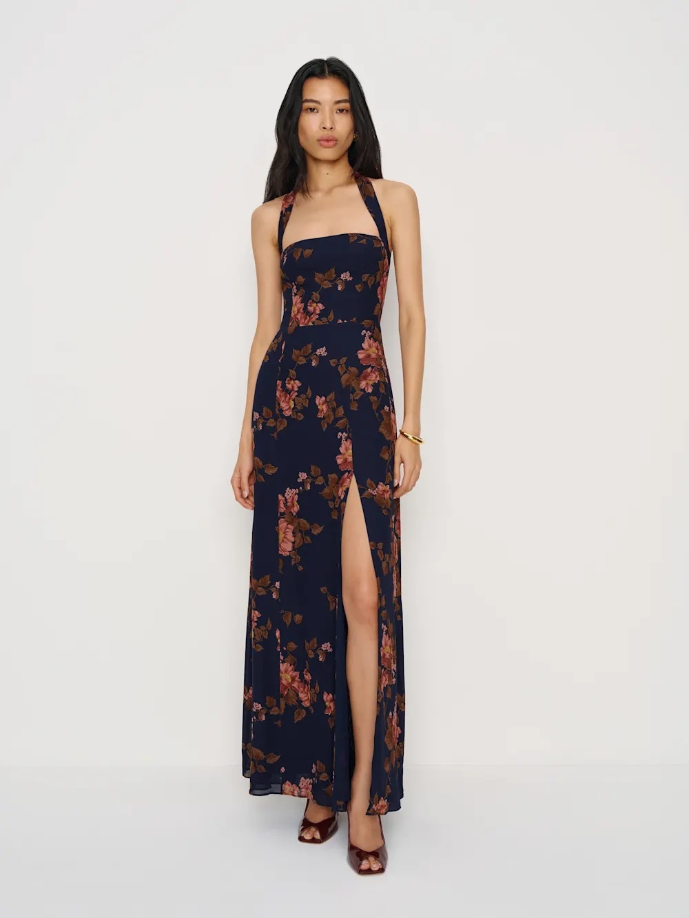 Reformation Jovelle Navy Floral Halter Maxi Dress